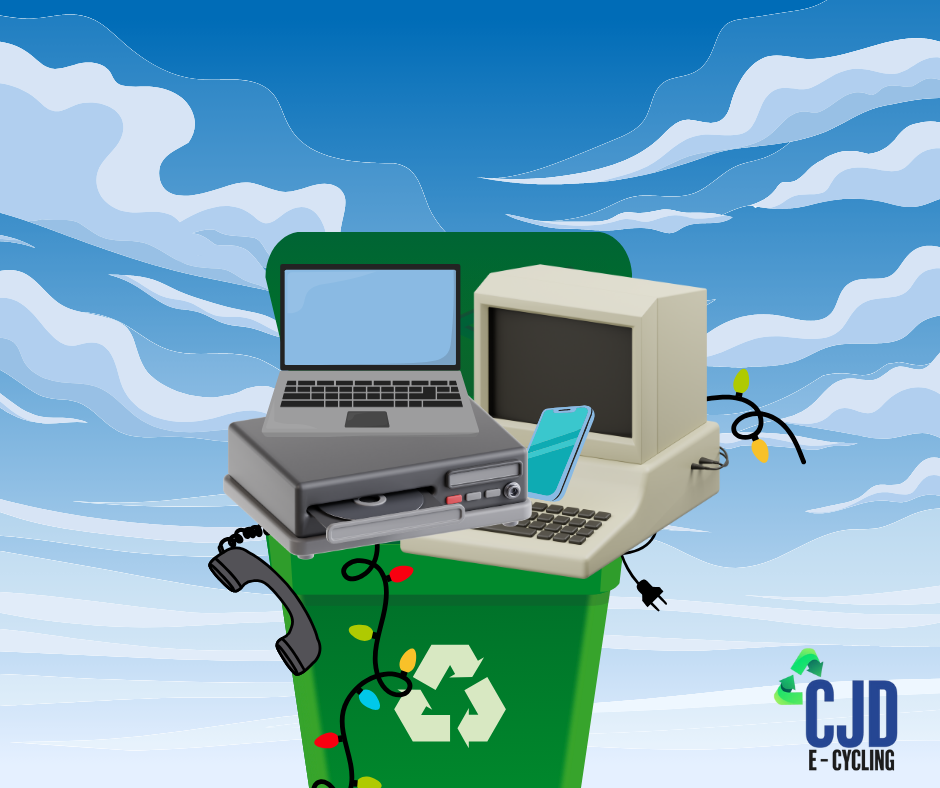 Recycling bin displaying accepted electronics for recycling, including computers, phones, batteries, and home electronics.