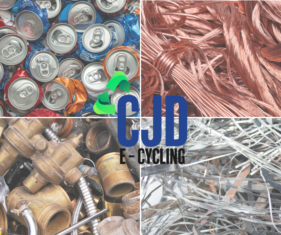 Graphic showing types of metals CJD E-Cycling purchases, including aluminum, copper, brass, tin, and lead