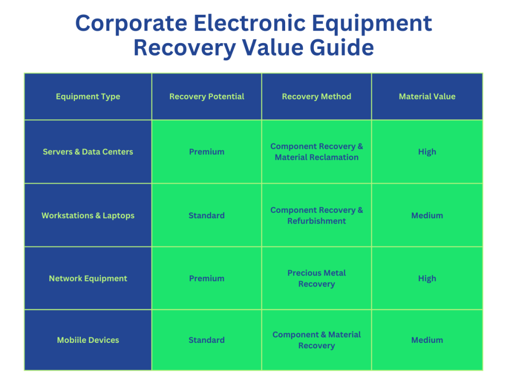 Corporate electronic recycling value matrix showing recovery potential and methods for different types of business equipment