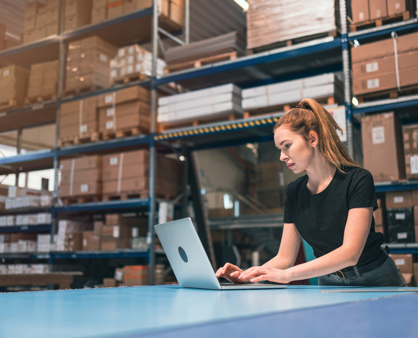 Worker On Laptop In Logistics Warehouse